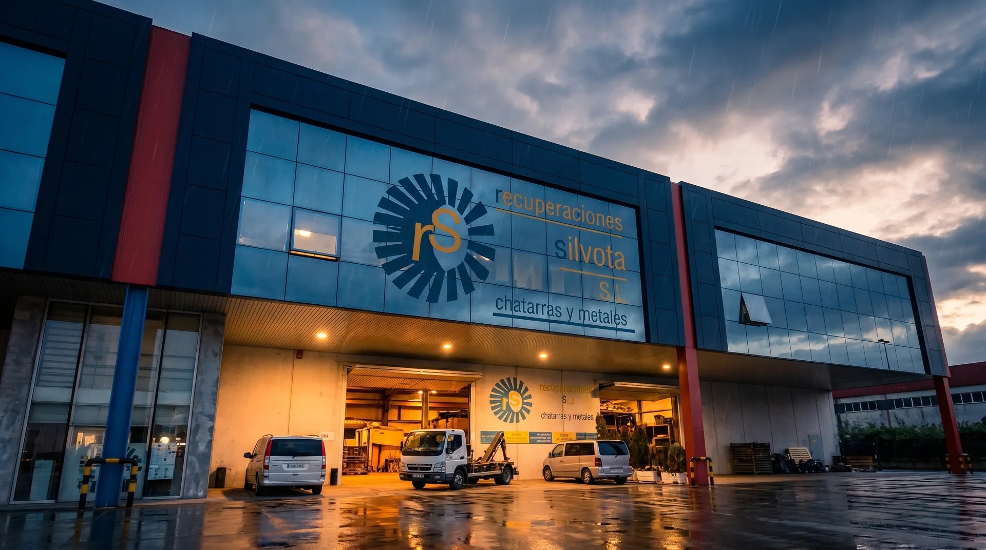 Fachada de Recuperaciones Silvota al atardecer, con el logo en el edificio y camiones a la puerta de la nave